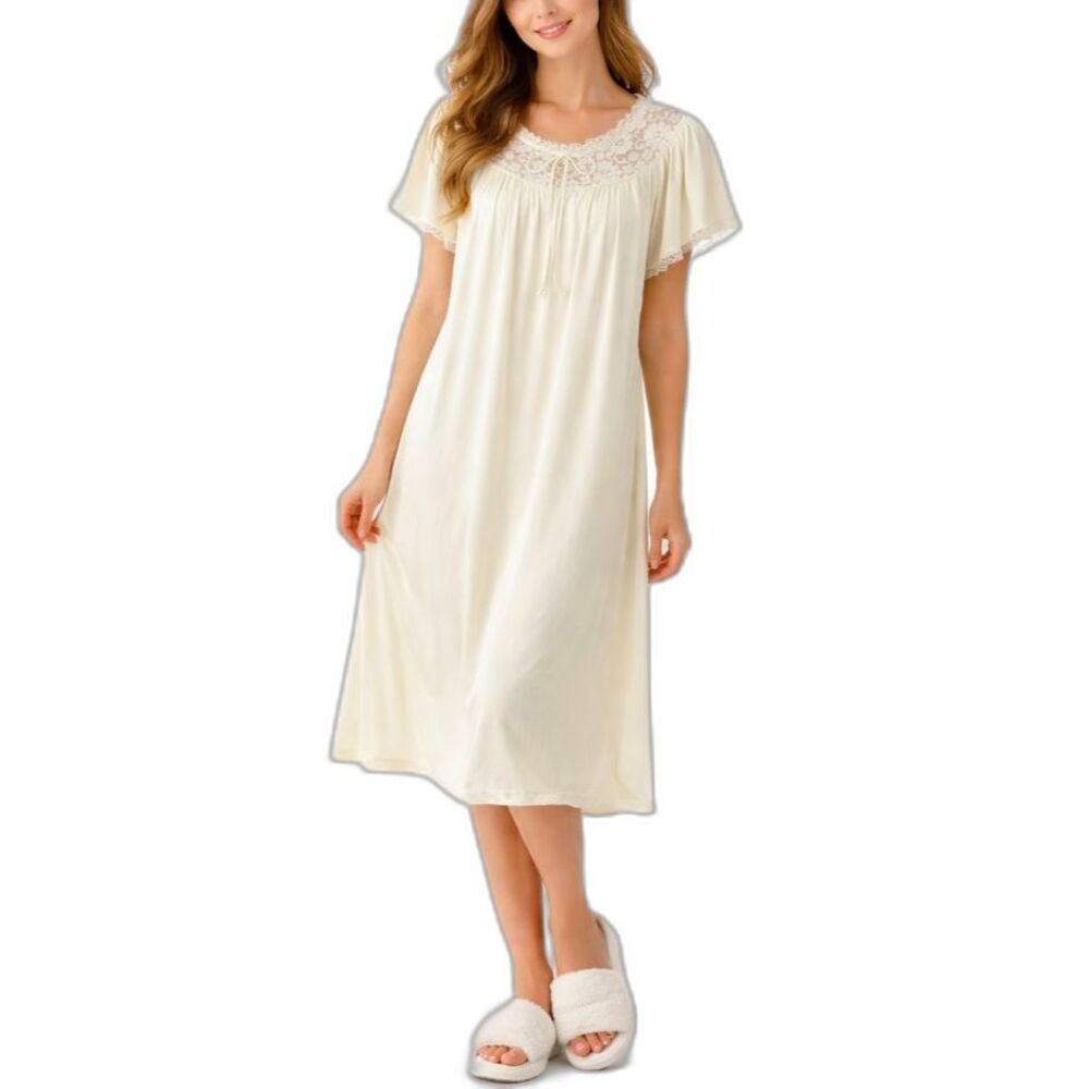 VTG Women's Jessica Lynn Pale Yellow Floral Lace Trim Bell SS Nightgown Size L